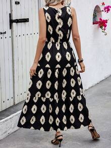 SHEIN VCAY 无袖印花束腰裹身连衣裙 - 黑色 - 查看 2