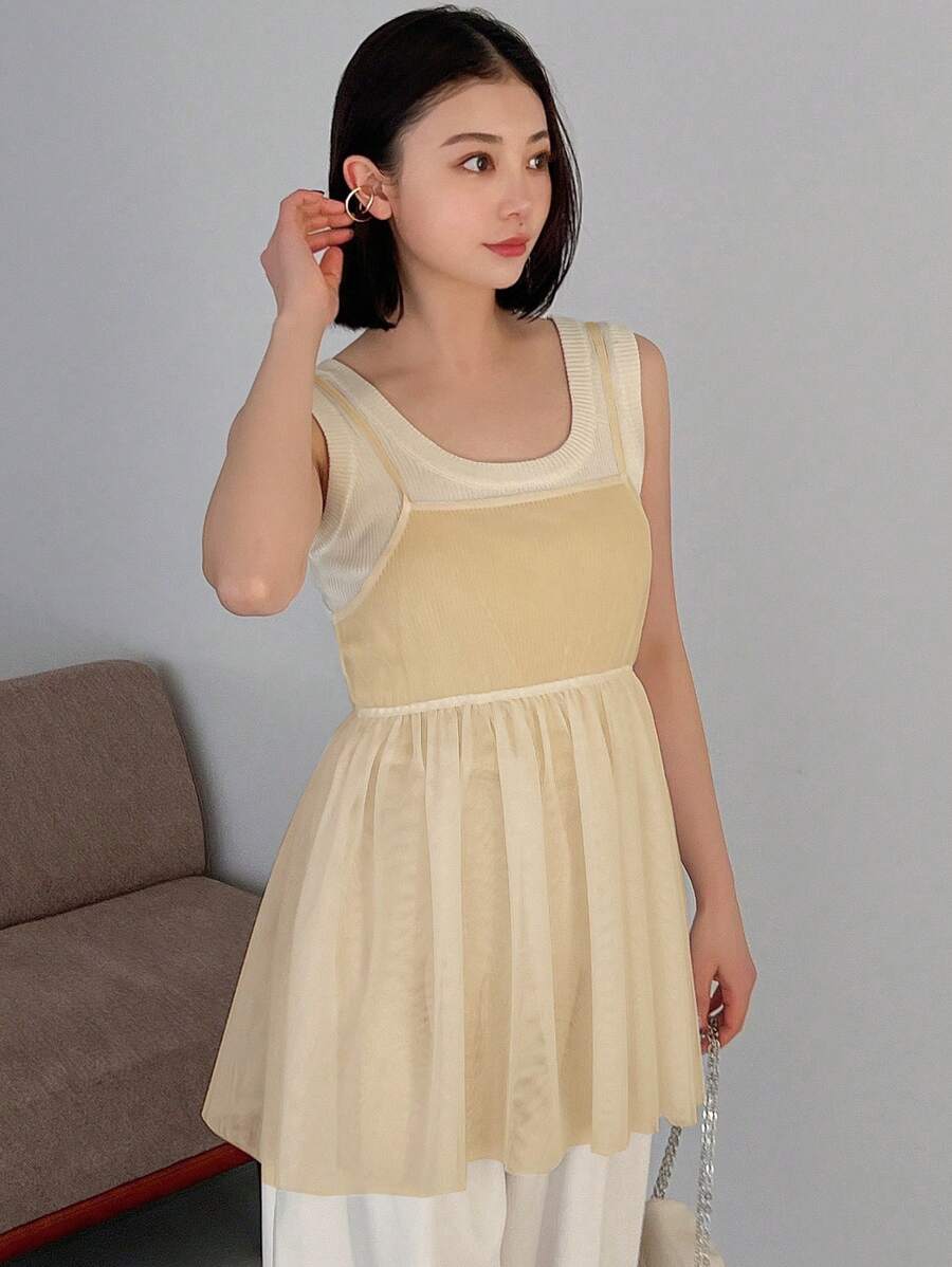 FRIFUL Solid Color Cinching Waist Ruffle Hem Camisole Top Tank Tops Babydoll Top - Apricot - View 1
