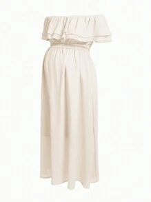 SHEIN Solid Color Maternity Off-Shoulder Ruffled Edge High Waist Dress - Apricot - View 5