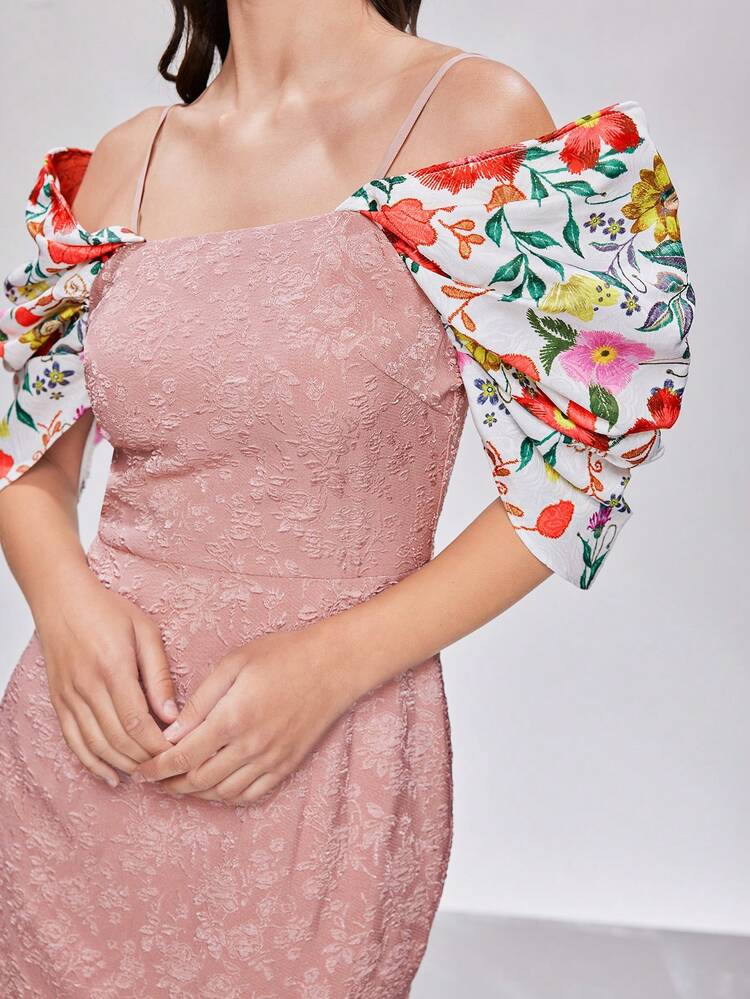 Ladies Open Shoulder Floral Printed Elegant Dress Long Evening Dresses