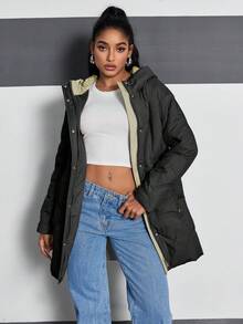 HaiLuoZi Women's Solid Color Drop Shoulder Long Sleeve Pockets Hooded Padded Coat - Black - View 6