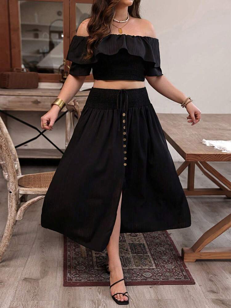 Plus Size Women's Off-Shoulder Puff Sleeve Crop Top And Skirt Set