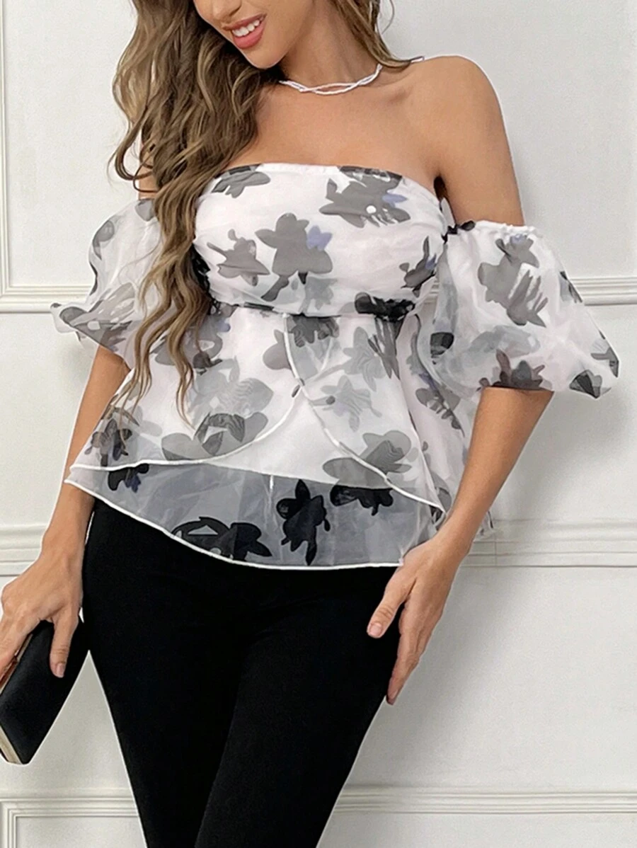 SHEIN Privé Blusa de manga abullonada con hombros descubiertos y estampado floral - Rosa - Ver 1