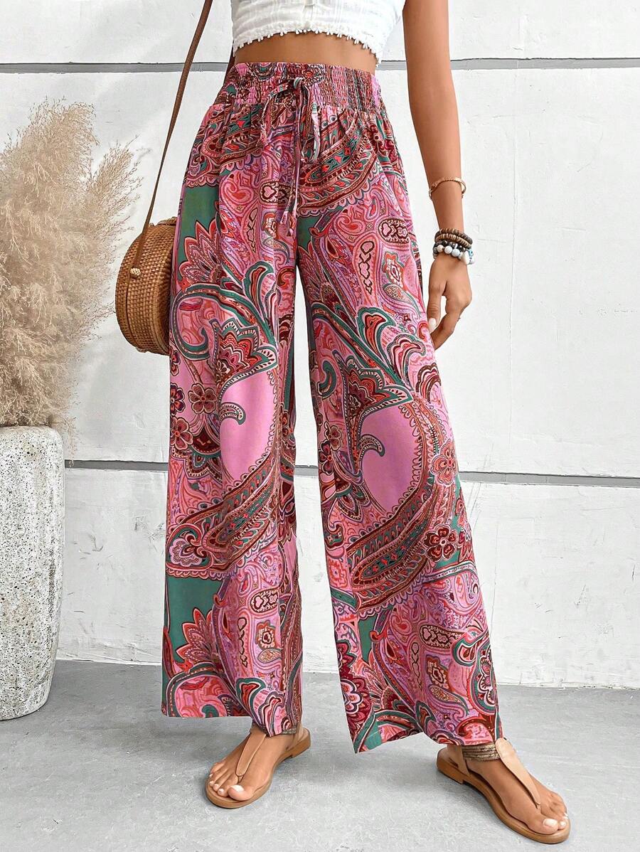 SHEIN LUNE Women's Paisley Print Shirred Waist Tie Long Pants - Pink - View 1