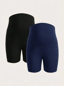 SHEIN Maternity Solid Color High Waist Short Length Slim Fit Leggings, 2pcs/Pack - Multicolor - View 5