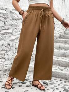 SHEIN Franclia 褲長寬鬆大尺碼長褲,帶斜口袋和紐扣裝飾 - 咖啡棕 - 查看 5