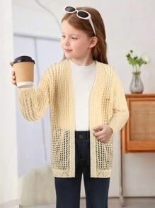 Young Girls' Hollow Out Knitted Front Open Long Sleeve Cardigan - Apricot - View 1