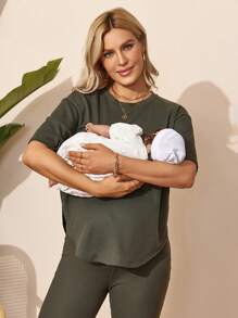 SHEIN Maternity Outfits: Casual Round Neck Drop Shoulder Sleeve Top And Pants Nursing Set