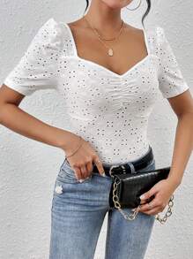 Chiquease Hollow Out Embroidery Decor Scrunch Neck T-Shirt - White - View 5