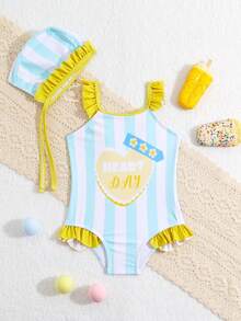 Đứa bé gái Sọc Tim In Ruffled Áo tắm một mảnh Với băng đô - Nhiều màu - Xem 3