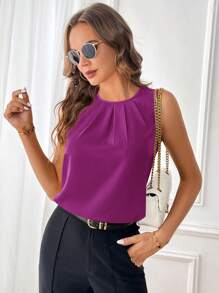 SHEIN Clasi 單色褶皺無袖休閒襯衫 - 中紫紅色 - 查看 5