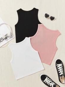 SHEIN 3入組十幾歲女孩針織休閒心形紋理背心套裝 - 黑與白 - 查看 2