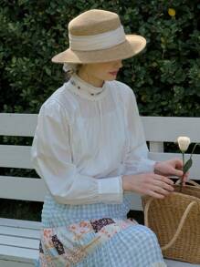 Simple Retro 女士刺繡花朵高領長袖襯衫 - 白色 - 查看 6