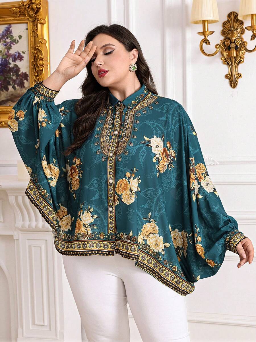 Mulvari Plus Size Floral Print Button Front Batwing Sleeve Shirt