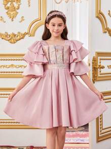 SHEIN Tween Girls' Floral Print Layered Ruffle Sleeve Dress With Square Neckline Design - Pink - View 1