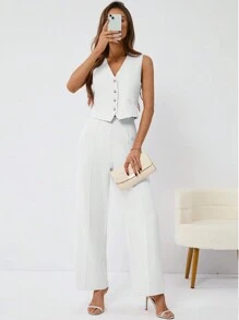 SHEIN Privé Conjunto De Dos Piezas Para Mujer: Chaleco De Botones Y Pantalones
