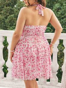 Dreamara Plus Size Floral Print V-Neck Ruffle Trim Halter Neck Dress