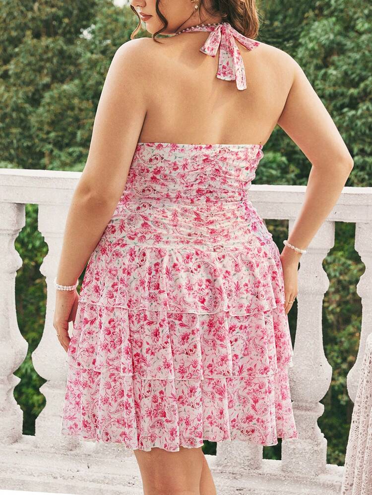 Plus Size Floral Print V-Neck Ruffle Trim Halter Neck Dress