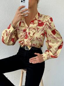 EURMUSE Woman Satin Fabric Ruffle Detailed Print Everywhere Blouse Shirt - Yellow - View 5