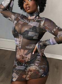 Slaydiva Figure & Letter Graphic High Neck Mesh Bodycon Dress Without Lingerie Set - Multicolor - View 1