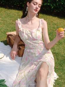 Ladies" Fashionable French Tulip Printed Sleeveless Sundress - Multicolor - View 4