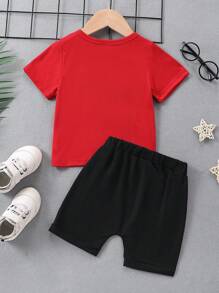 Baby Boy Letter Print Short Sleeve Top And Color Blocking Shorts