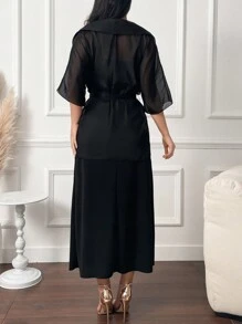 Modelyn Solid Color Casual Strapless Dress And Shawl Collar Coat - Black - View 2