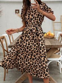 SHEIN LUNE 豹纹收腰休闲连衣裙长款女装 - 彩色 - 查看 6