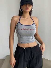 DAZY Women's Letter Printed Colorblock Tank Top With Contrast Stitching Crop Women Tops Halter Top Going Out Tops - Grey - View 5