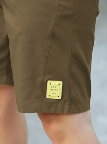 Manfinity Homme 男士字母贴布抽绳腰短裤 - 卡其色 - 查看 4