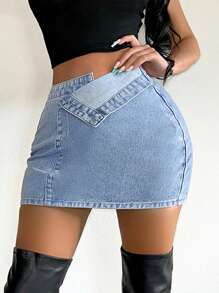 SHEIN SXY Màu thuần Eo không đối xứng & Hông Wrapped Váy Denim , Thích hợp Đối với Âm nhạc Lễ hội - Rửa nhẹ - Xem 1