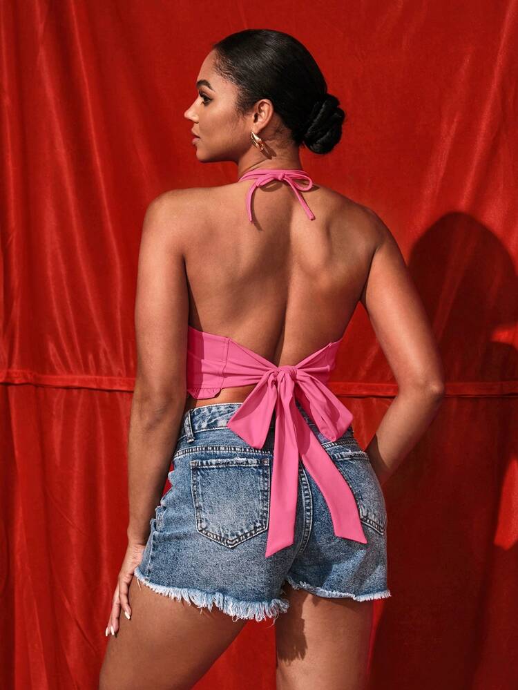 Designer Solid Color Cut Out Frill Trimmed Decor Asymmetric Hem Halter Neck Top, Women Crop Top, For Summer, Holiday, Going Out, Festival