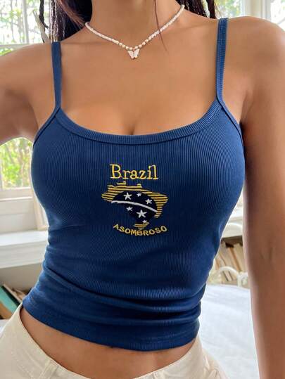 SHEIN EZwear Slim Fit Ruffled Tank Top With Letter & Flag Embroidery