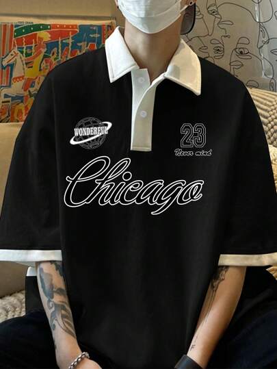 Claim Dot Men Color Block Letter And Number Print And Drop Shoulder Oversized Polo Shirt