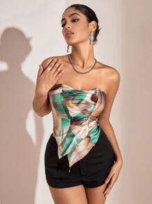 SHEIN BAE 女士印花不對稱搭扣上衣 - 軍綠色 - 查看 6