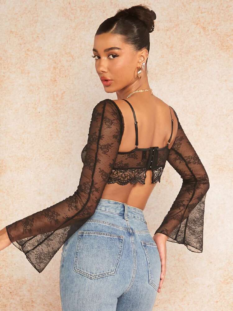 Women's Solid Color Lace Flared Sleeve Cropped Top