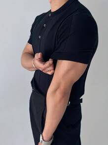 Camiseta de punto de manga corta con textura y unicolor casual y de moda para hombres - Negro - Ver 4