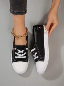 秋冬时尚黑白系带休闲运动滑板鞋学生鞋，女式运动鞋 - 黑與白 - 查看 1