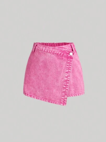 SHEIN Girlism Falda pantalón vaquera asimétrica y envolvente en la cintura con lavado de piedra en color rosa, estilo "Y2K" para niñas adolescentes, ropa de verano
