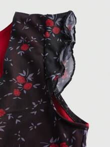 ROMWE Goth Áo nữ Nơ Bướm Tương phản ren Tương phản Mesh Họa tiết hoa Boho - Màu Đỏ Sâu - Xem 3