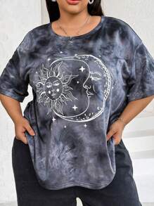 SHEIN CURVE+ 大码扎染太阳和月亮印花宽松落肩夏季 T 恤 - 灰色 - 查看 4