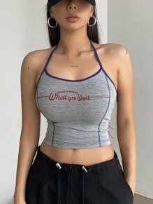 DAZY Women's Letter Printed Colorblock Tank Top With Contrast Stitching Crop Women Tops Halter Top Going Out Tops - Grey - View 1