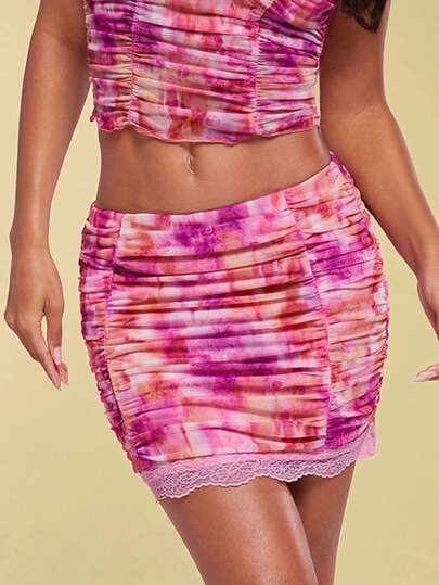 SHEIN BAE Women's Tie Dyeing Pleated Contrast Lace Bodycon Skirt