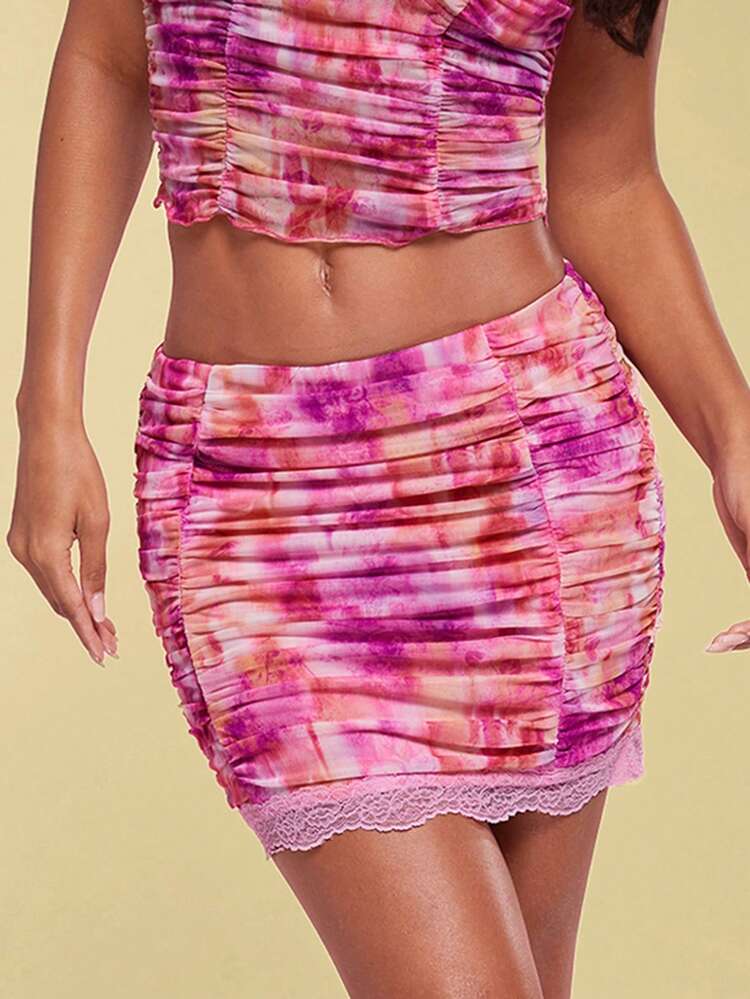 Women's Tie Dyeing Pleated Contrast Lace Bodycon Skirt