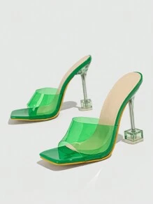 女式粗跟平底拖鞋,露趾清晰鞋跟和後託帶,綠色夏季透氣高跟鞋 - 綠色 - 查看 4