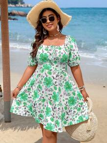 Breezaya Plus Size Floral Printed Square Neck Puff Sleeve Bubble Hem Dress