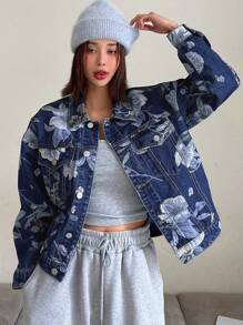 DAZY Ladies' Floral Printed Denim Jacket - Medium Wash - View 4
