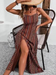 Breezaya Vintage Style Women's Printed Spaghetti Strap Dress With High Side Slit Maxi Vacation Beach Outfit - Orange - View 4