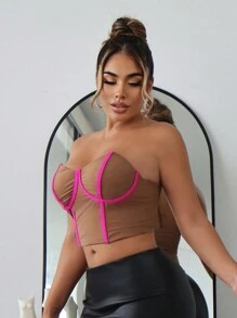 SHEIN SXY Culoare bloc Bust Detaliu Cupă Top tub Slim Fit Crop Top - Caisă - Vizualizare 1