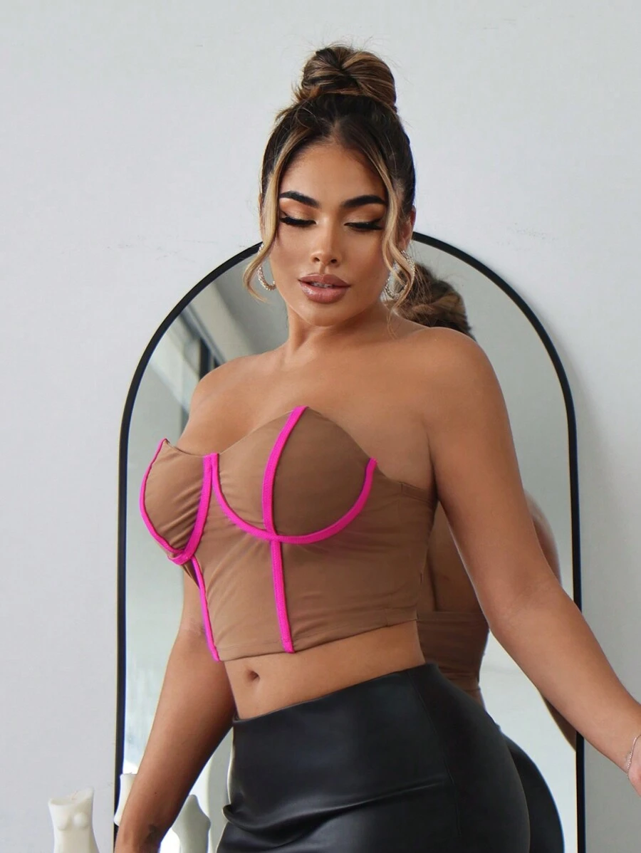 SHEIN SXY 顏色塊胸墊細節管狀上衣修身短款上衣 - 杏色 - 查看 1